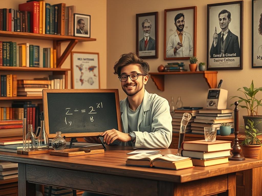 Create a realistic high-resolution photograph depicting a serene and inviting scene that reflects the theme "Become a Keeper of the Holy Equation." The composition should feature a single subject, a cheerful individual in casual yet reverent attire, seated at a well-worn wooden desk surrounded by books and scientific instruments, symbolizing intellect and humor. This individual should have an engaging smile, gazing thoughtfully at a handwritten equation chalked on a small blackboard beside them.

The backgr
