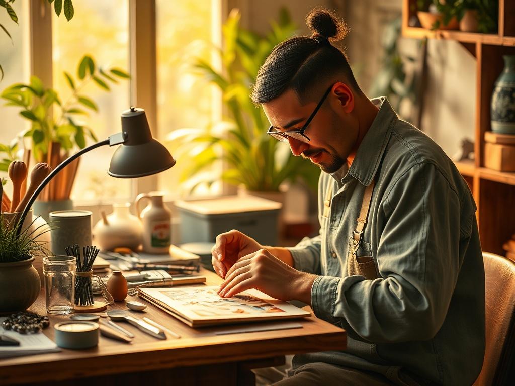 A serene workspace showcasing a skilled artisan carefully crafting a