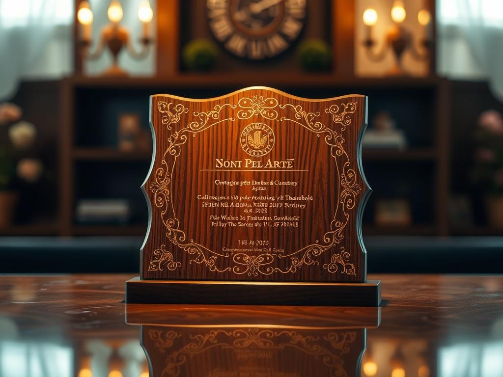 A stunning engraved wooden plaque displayed on a polished surface,