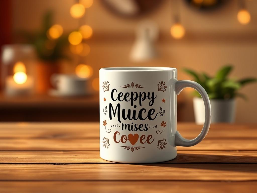 A beautifully designed personalized mug placed on a wooden table,