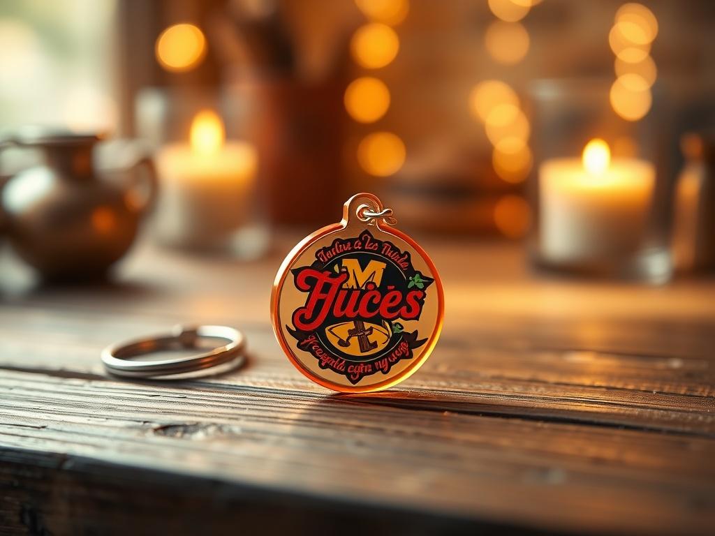 A high-resolution photo of a single acrylic keychain featuring a custom design, placed on a softly lit wooden surface. The keychain should have vibrant colors, showcasing intricate details and a glossy finish. The background should be blurred, enhancing the serene atmosphere with cozy, golden hues.