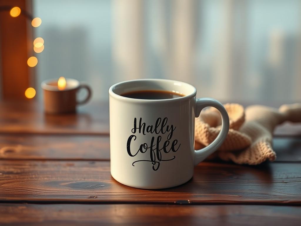A high-resolution image showing a personalized ceramic mug on a wooden table, filled with coffee. The mug features a custom design or text reflecting a personal touch. Soft lighting and cozy golden hues create a warm atmosphere, highlighting the mug's details against a serene background.