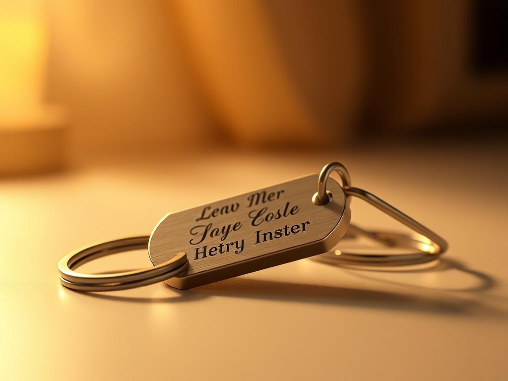 A realistic high-resolution image of an engraved keychain resting on a smooth surface, showcasing its intricate design. The keychain features personalized engraving that captures a meaningful message. The background is softly lit with golden hues, creating a serene and inviting atmosphere.