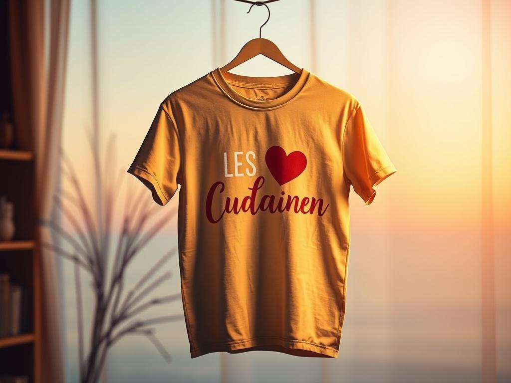 A realistic high-resolution image of a custom T-shirt displayed on a simple hanger against a serene, softly lit background. The T-shirt features a vibrant, unique design that represents a special occasion, and the fabric looks soft and comfortable. The overall atmosphere is cozy, with golden hues enhancing the visual appeal.
