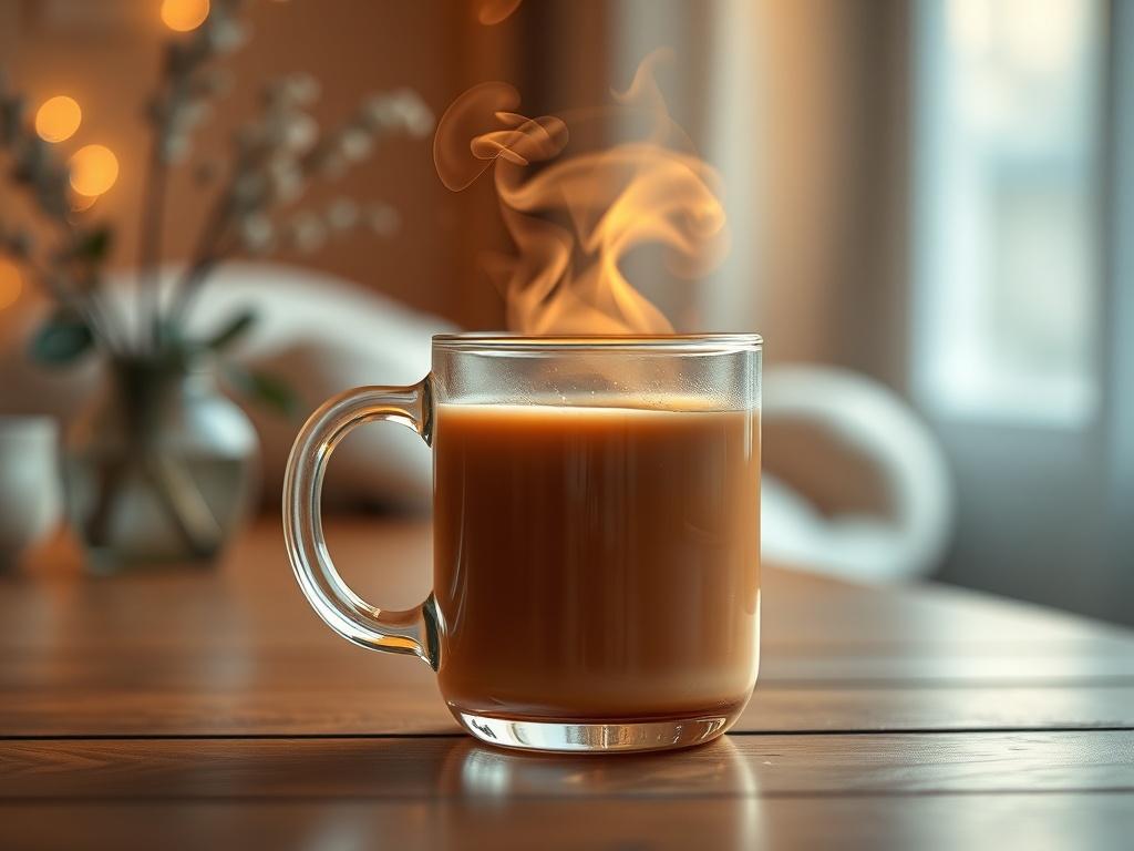 A realistic high-resolution photo of a clear glass mug filled with a steaming beverage, such as coffee or tea. The mug should be placed on a wooden table with soft, golden lighting illuminating it. The background should feature a serene, cozy atmosphere, with blurred elements like a soft blanket or a plant, emphasizing the mug as the main subject.