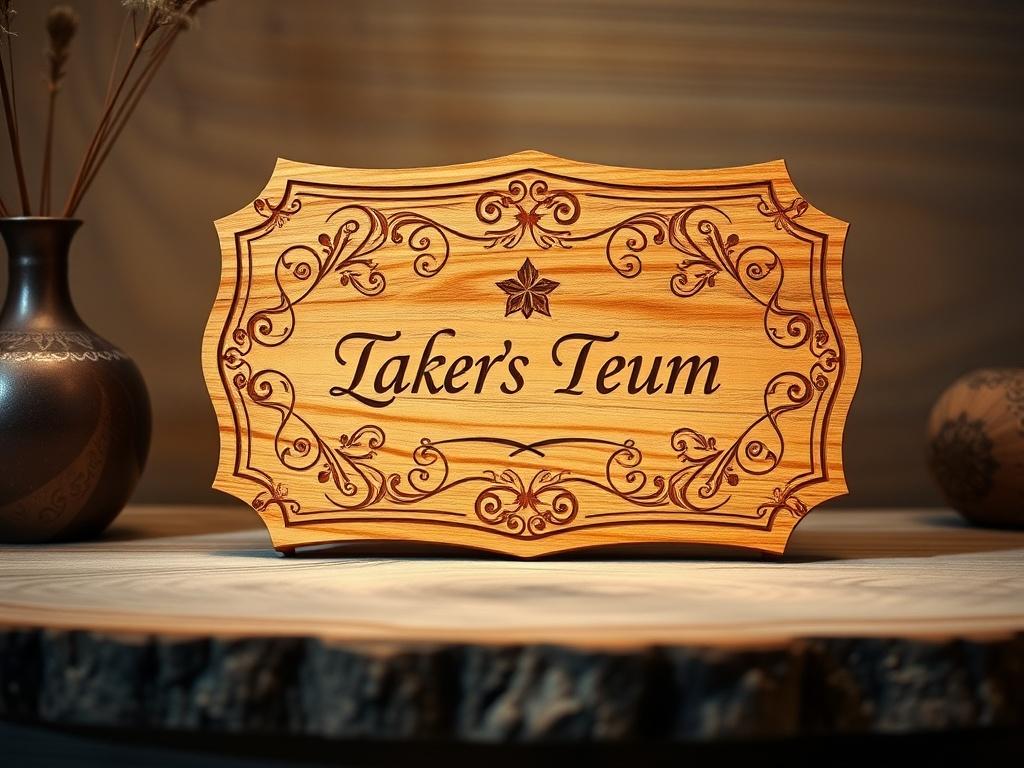 A beautifully crafted laser-engraved wooden plaque, featuring intricate designs and personalized text. The wood has a warm, rich hue with soft lighting highlighting the engravings. The background is a calm and serene environment, emphasizing the natural beauty of the wood. The composition is simple, with the plaque as the sole subject, capturing the elegance and craftsmanship of laser engraving.