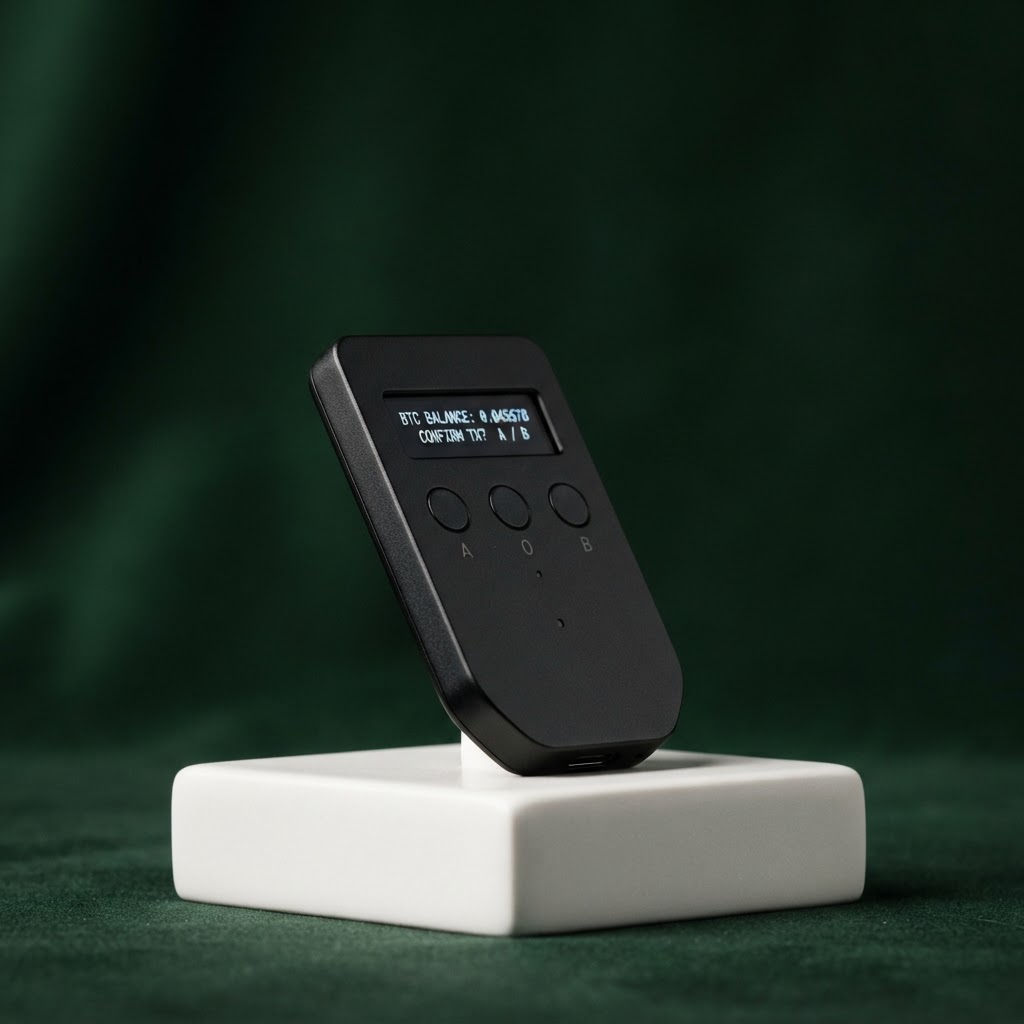 A Trezor-style hardware wallet against a forest green backdrop