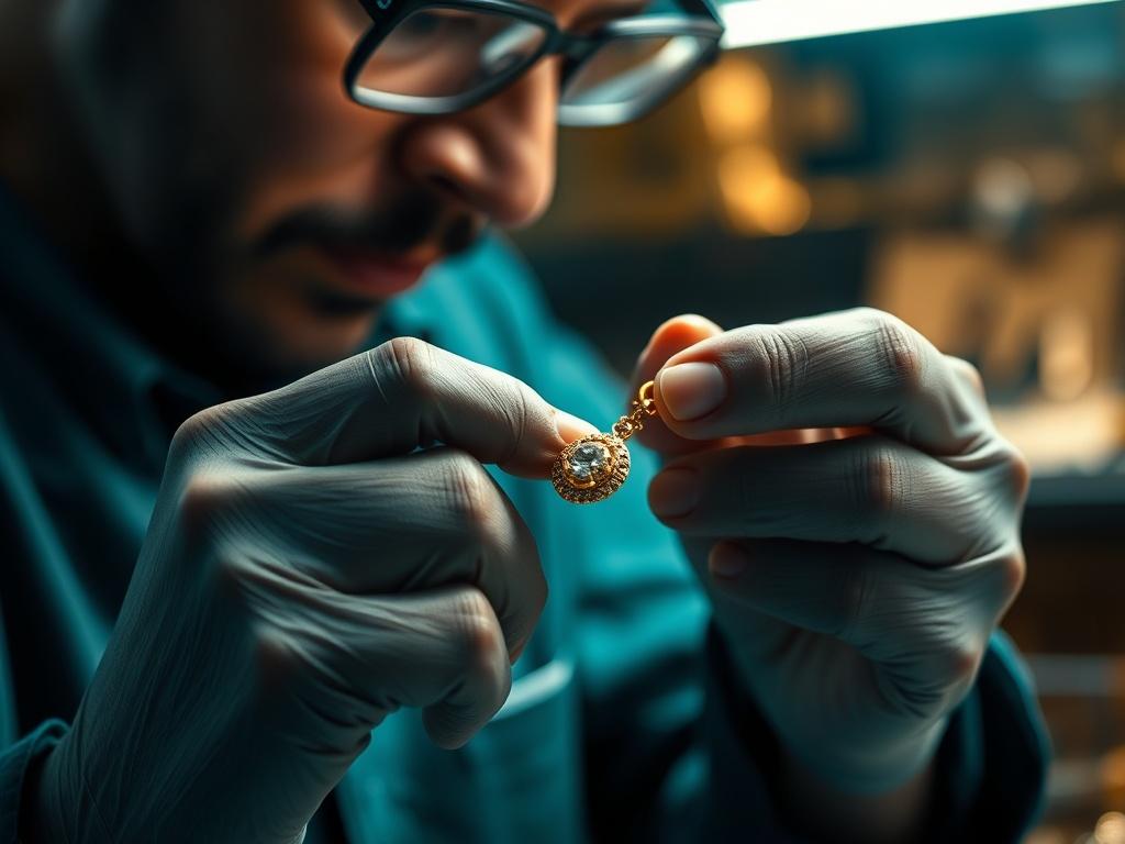 A hyper realistic close up shot of a jeweler examining