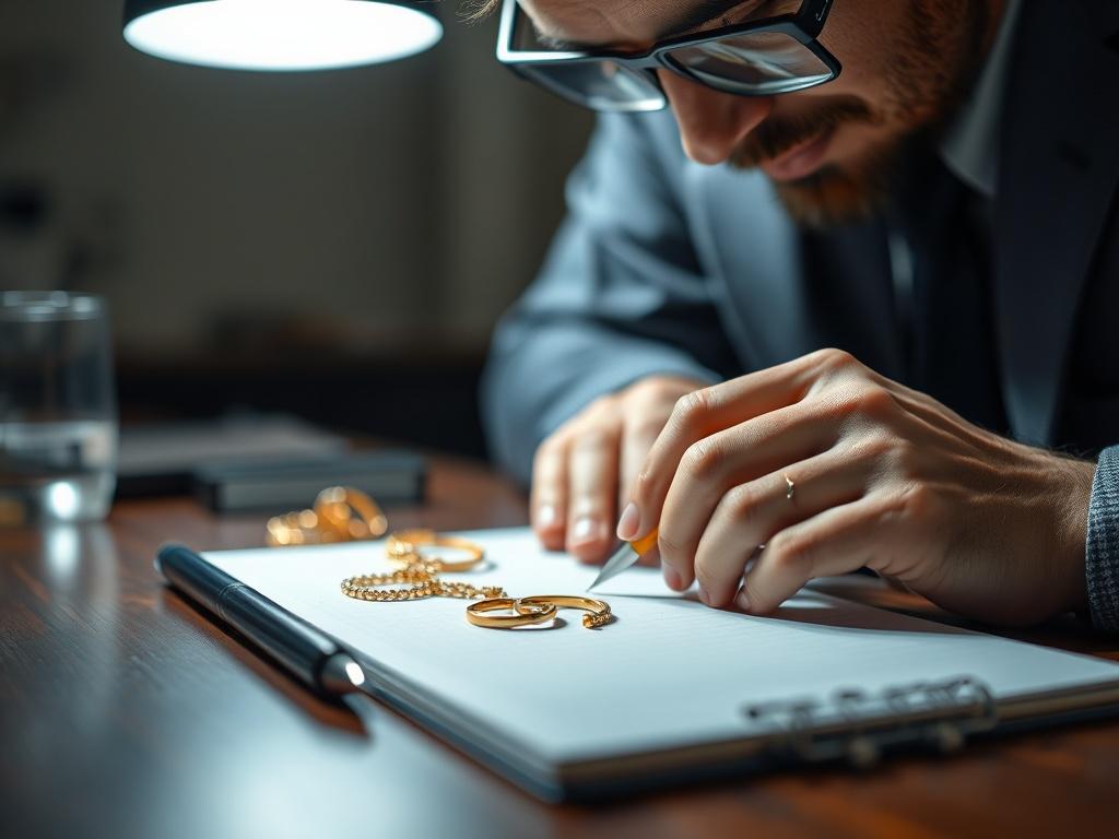 A close up shot of a professional evaluator examining gold