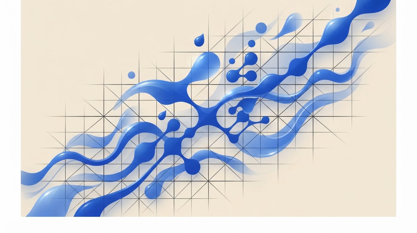 Abstract biomorphic shapes intersecting with geometric grid, representing healthcare data pathways