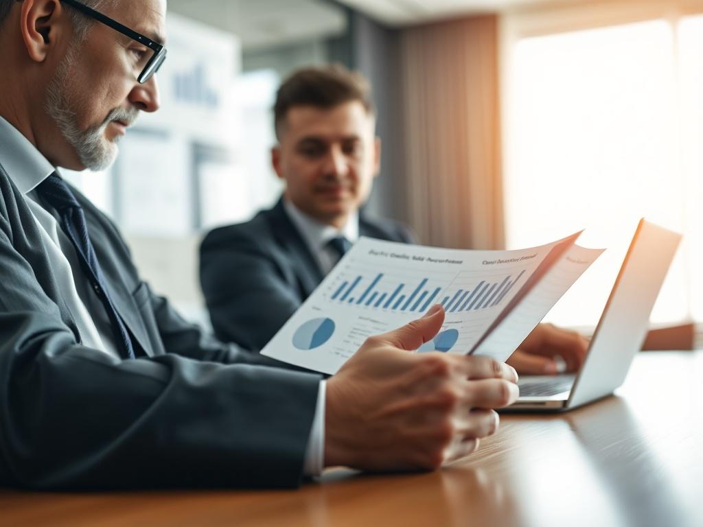 A close-up shot of a financial consultant and a business leader reviewing capital structure documents in a well-lit conference room. The focus is on graphs and financial models displayed on a laptop. The background is softly blurred, emphasizing the seriousness and importance of the financial discussion. The setting conveys professionalism and strategic planning.