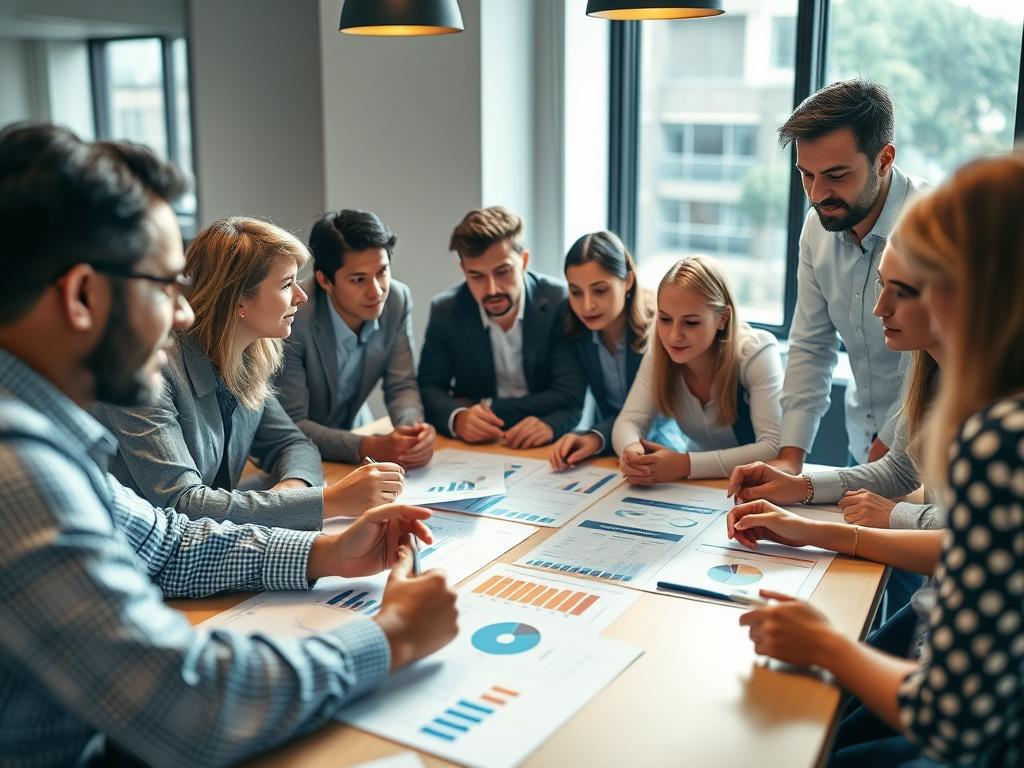 A close-up shot of a diverse team brainstorming around a table filled with financial reports and charts. The atmosphere is collaborative and energetic, with team members engaged in discussion. The background is slightly blurred, emphasizing the focus on teamwork and innovative thinking. Natural sunlight streams through a window, enhancing the open and inviting environment.
