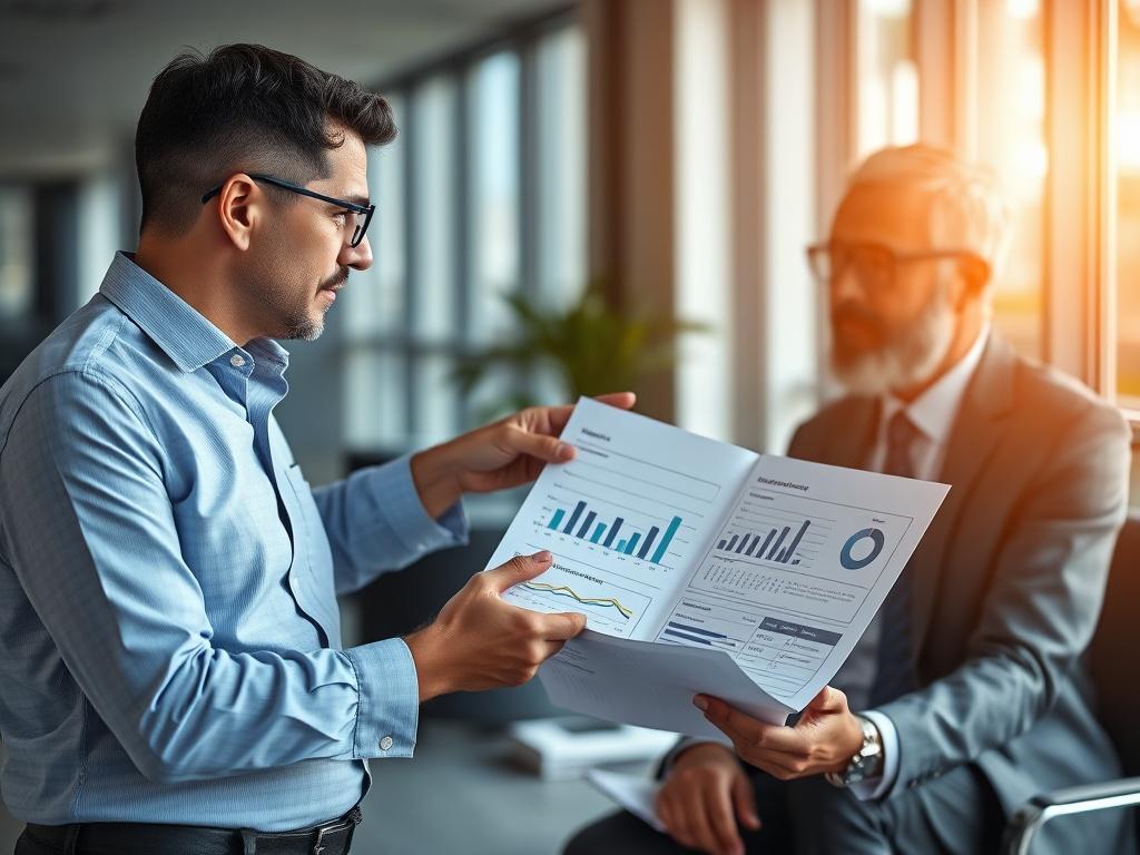 A close-up shot of a financial advisor discussing debt management strategies with a business owner in a modern office setting. The background should be blurred, focusing on the interaction. The advisor is presenting a financial report, showcasing graphs and figures. The scene conveys professionalism and collaboration, with natural lighting enhancing the atmosphere.