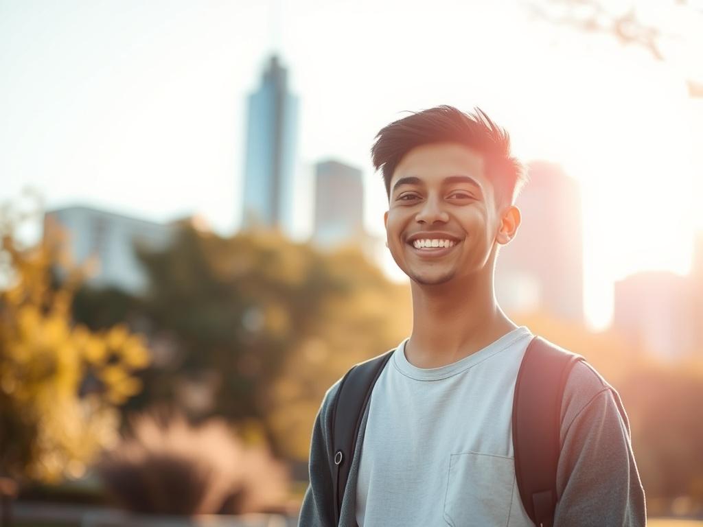 Create a realistic high-resolution photo that conveys the essence of our mission, titled "Empowering Inner-City Youth." The composition should feature a single young person, around 16 years old, confidently standing in a sunlit urban park in Dallas. The subject should be wearing casual, modern clothing and smiling, exuding positivity and hope. 

In the background, include soft-focus elements of the Dallas skyline, with hints of greenery and a clear blue sky to create a sense of openness and opportunity. The