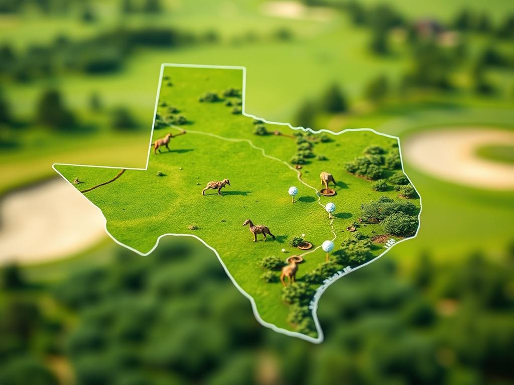 A close-up shot of a Texas state outline map highlighting golf courses with a green landscape in the background. The image should be hyper-realistic, focusing on the contours of the state and showcasing vibrant greenery that conveys the essence of community and nature. The background should softly blur, emphasizing the map as the primary subject, with natural light enhancing the colors. The image should be compatible with the RGB color (162, 175, 127).