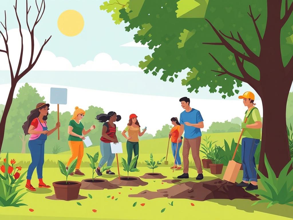 Design a vibrant illustration depicting a group of diverse volunteers working together in a community park. They should be engaged in activities like planting trees, holding signs, and chatting with each other. The scene should feel energetic and collaborative, set against a sunny sky and lush greenery, utilizing geometric artwork style and the color rgb(162, 175, 127).