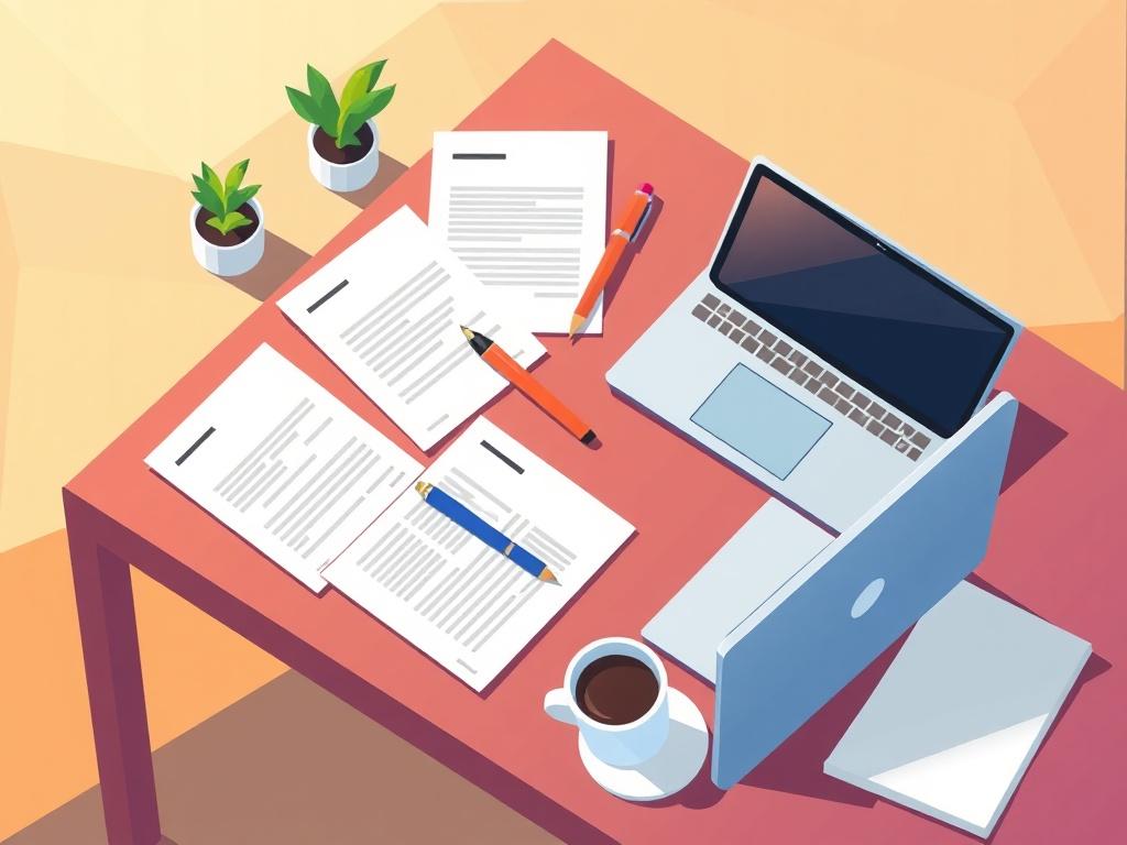 Create a high-quality illustration of a toolkit spread out on a table, showcasing letter templates, a pen, and a laptop. The background should be vibrant and inviting, featuring elements that represent community engagement, like a small plant and a cup of coffee. Use geometric shapes for a clean and precise design, with the color scheme reflecting rgb(162, 175, 127).