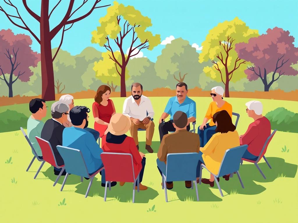 Create a high-quality illustration of a community meeting taking place outdoors, with residents seated in a circle. They should be engaged in discussion, with a backdrop of trees and a bright blue sky. The artwork should capture a sense of collaboration and community spirit, using geometric shapes and the color rgb(162, 175, 127).