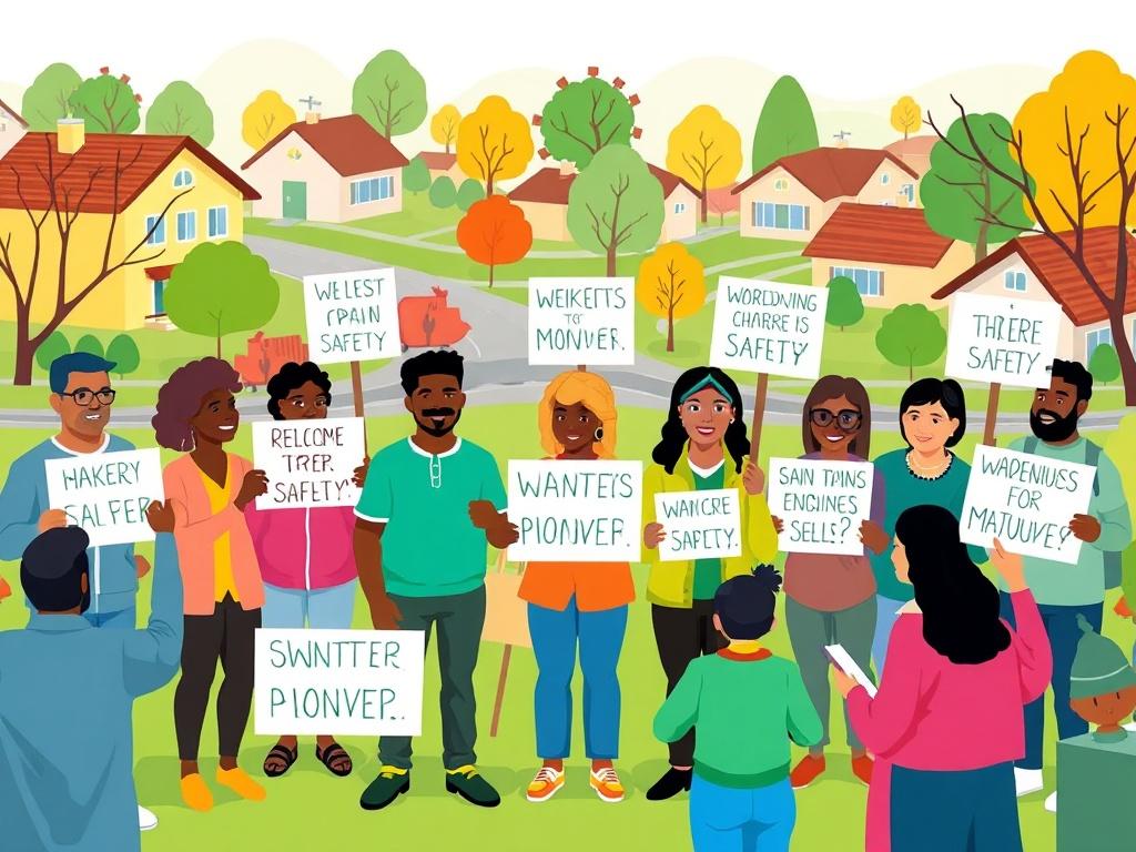 A vibrant and engaging illustration of a community gathering in Woodhaven, with residents holding signs and petitions advocating for safety. The background features elements of a suburban neighborhood, such as homes and trees, rendered in a clean and geometric style. The color palette includes shades of green and warm tones to create a welcoming atmosphere.