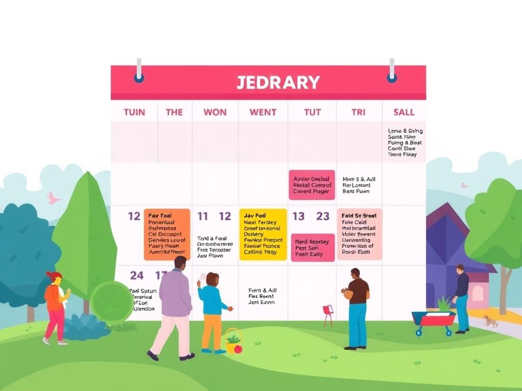 A dynamic and colorful illustration of a community calendar, showcasing various events in Woodhaven. The design should include vibrant dates marked for meetings and gatherings, with a clean, geometric art style. The background should reflect a sense of community, with subtle hints of local landmarks and greenery.