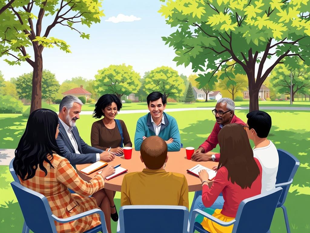 A vibrant community gathering scene featuring diverse neighborhood association officers engaged in discussion and planning. The setting is outdoors in a local park with green trees and a clear blue sky. The officers are sitting around a circular table, showcasing a mix of ages, ethnicities, and genders, all actively participating. They have notebooks and cups of coffee, symbolizing collaboration and community spirit. The atmosphere is friendly and inviting, emphasizing unity and proactive engagement within 