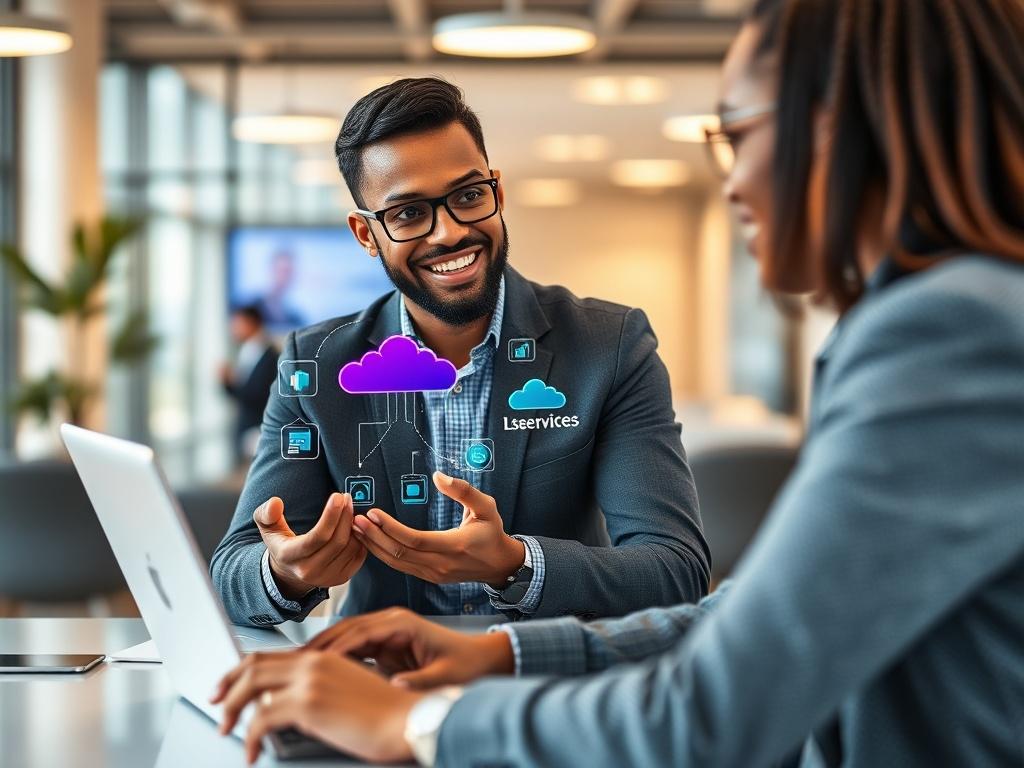 A close-up shot of a confident, diverse technology consultant engaging with a client in a modern office environment. The consultant is showcasing a digital presentation on a laptop, with vibrant visuals reflecting cloud services and cybersecurity concepts. The background is softly blurred, featuring sleek office furniture and a bright, professional atmosphere. The lighting is warm and inviting, emphasizing the consultant's enthusiasm for technology.