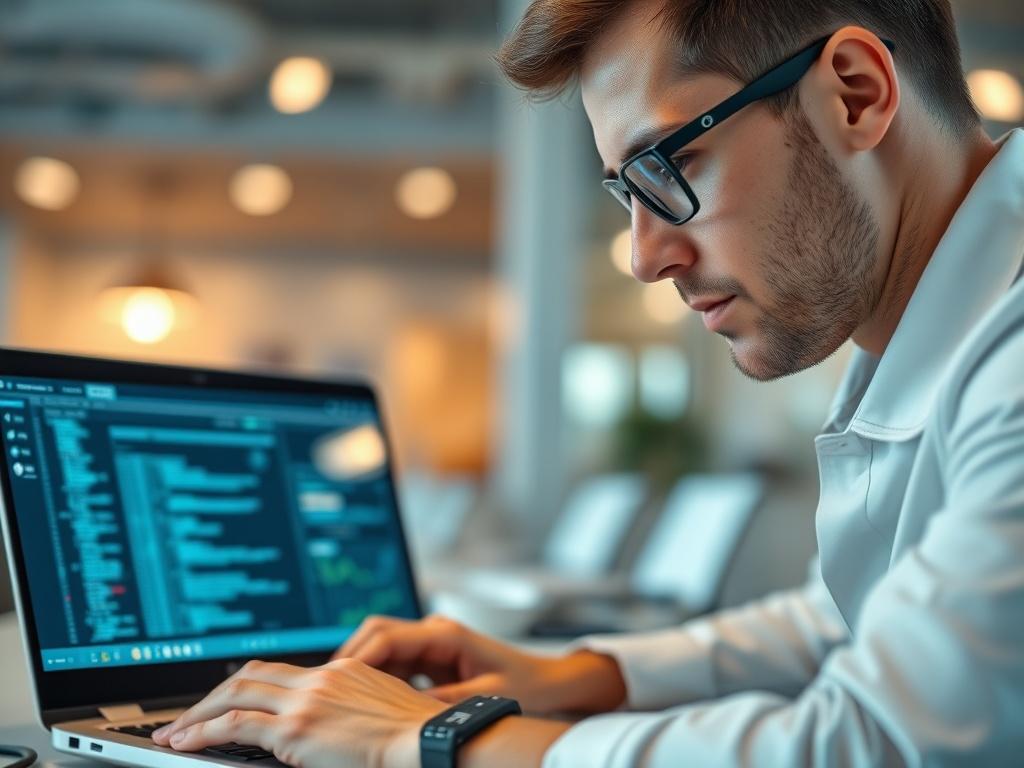 A close-up shot of a technician troubleshooting a cloud-based software system on a laptop, with a clear, focused expression. The background features soft, blurred office elements, emphasizing a tech-savvy environment. The lighting is bright and professional, showcasing the details on the laptop screen. The color scheme incorporates rgb(245, 77, 77) to resonate with the brand's identity.