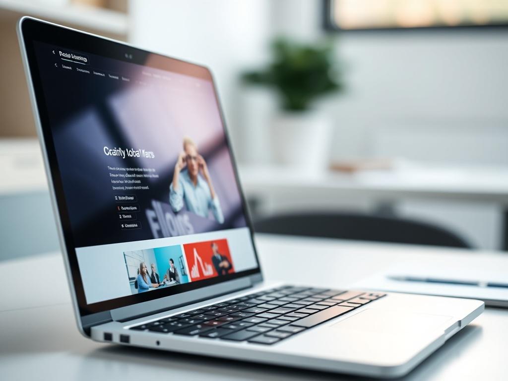 A close-up shot of a laptop screen displaying a sleek, modern web application interface. The screen shows vibrant colors and intuitive navigation elements, reflecting a professional business website. The background is softly blurred to emphasize the laptop, with a clean, minimalist workspace setting. The overall image should evoke a sense of innovation and technology, captured with a 45mm f/1.2 lens.