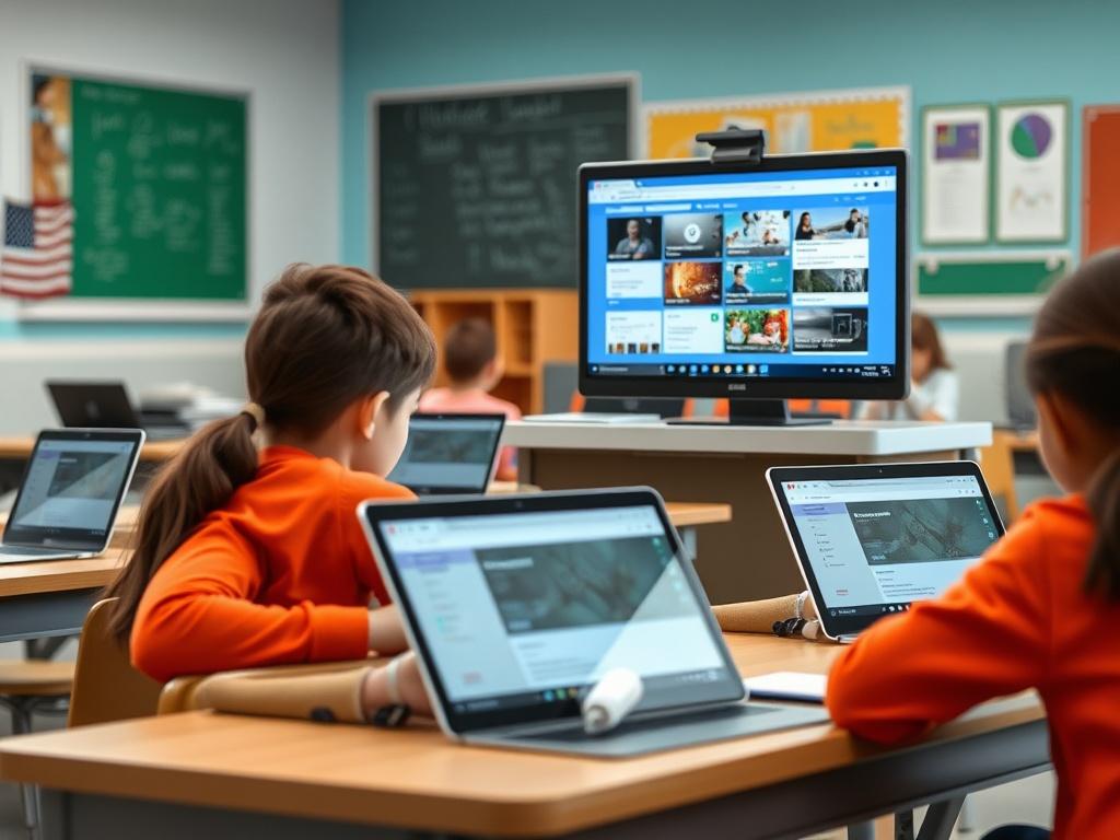 A close-up shot of a modern classroom with Student Chromebooks on desks, a Teacher laptop open with Google Workspace applications displayed, and a bright, engaging environment. The composition should be simple and clear, focusing on the technology in use, showcasing the interaction between students and the digital tools. The background should be vibrant and inviting, reflecting a learning atmosphere. The image should be rendered in hyper-realistic style, compatible with the rgb(245, 77, 77) primary color.