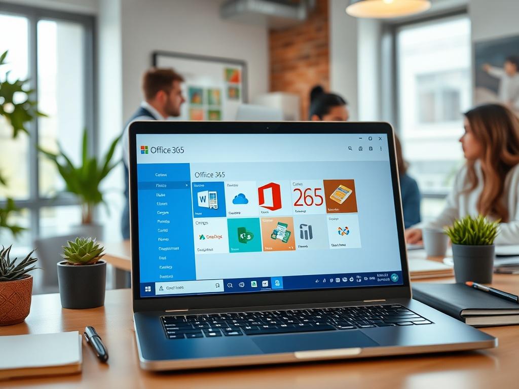 A realistic high-resolution photo of a modern office workspace featuring a laptop displaying the Microsoft Office 365 interface on the screen, with a collaborative environment in the background including diverse professionals discussing over a table. The setting should be bright and inviting, showcasing elements like plants, notebooks, and an organized desk. Use a close-up shot style, focusing on the laptop and people, with a color palette that includes the rgb(245, 77, 77) primary color.
