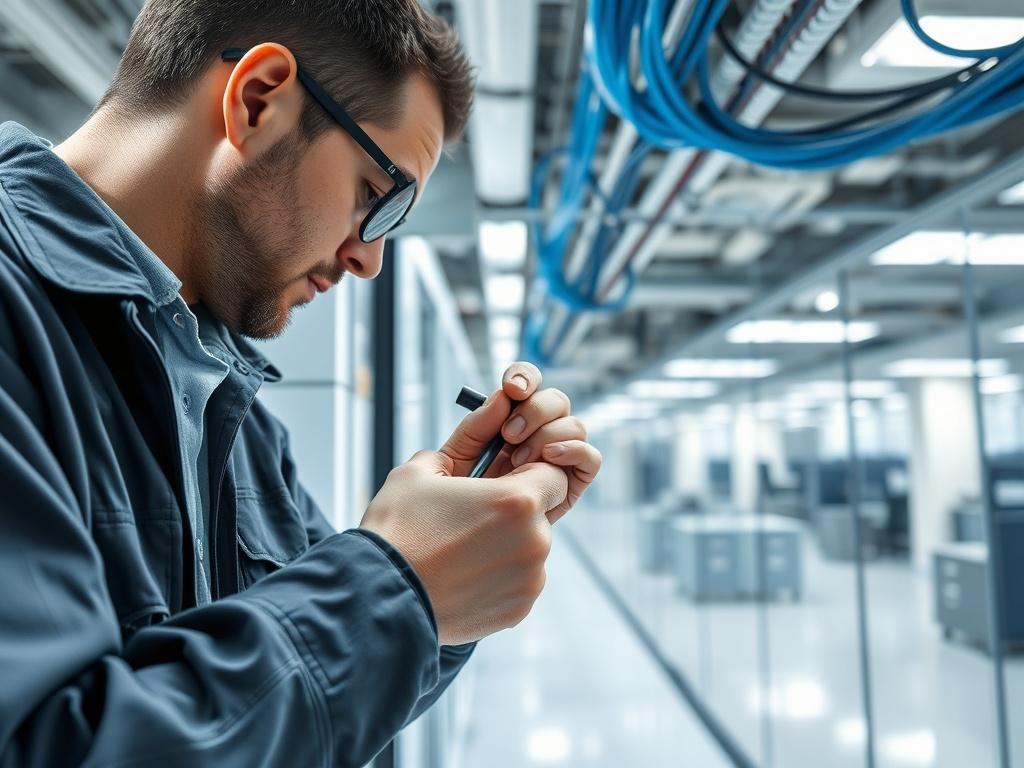 A high-resolution close-up shot of a technician meticulously installing low voltage cabling in a commercial office environment. The focus is on the technician's hands as they work with cables, connectors, and tools. The background features a clean and organized work area with structured cabling pathways, showcasing the professionalism of the installation process. The lighting is bright and clear, emphasizing the details of the cables and equipment. The overall composition should convey a sense of precision 