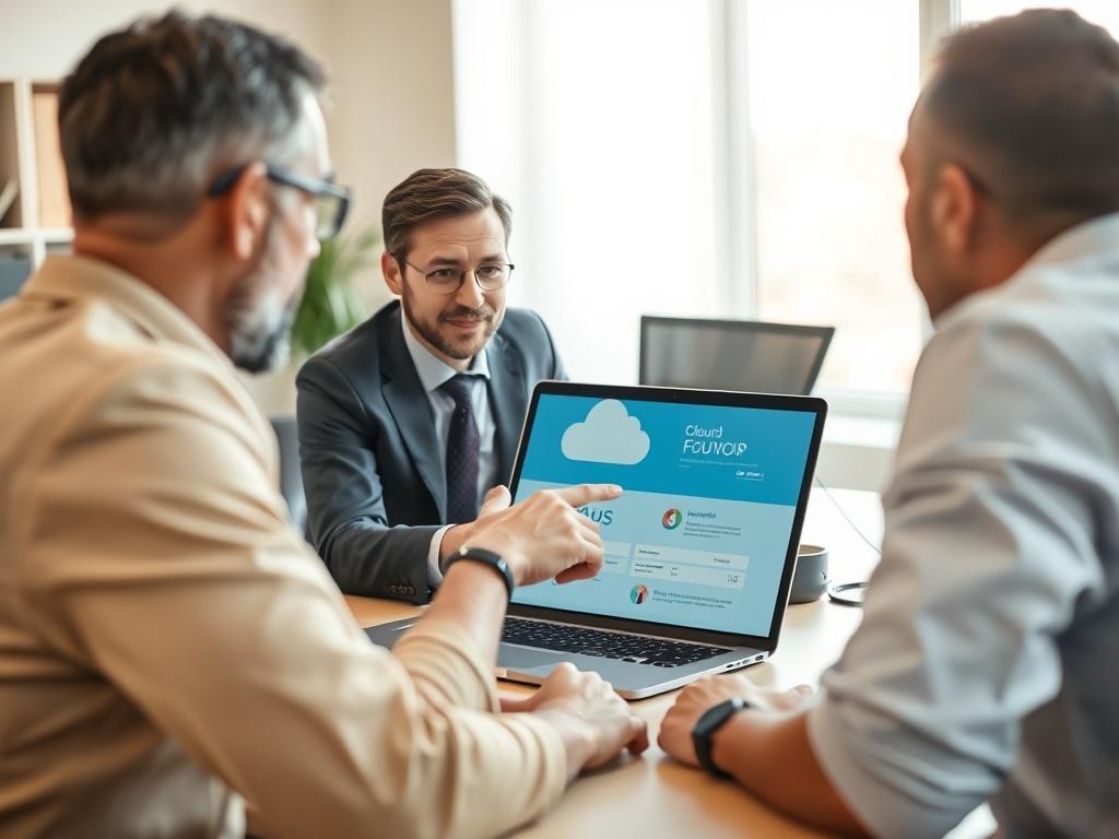A close-up shot of a technology consultant engaged in a discussion with a client. The consultant is showing a laptop screen with cloud software on it while pointing at it, highlighting features. The setting is a modern office with a clean and organized desk, soft natural lighting creating a warm atmosphere. The background is slightly blurred to keep focus on the consultant and client interaction. The color scheme includes tones that complement rgb(245, 77, 77), emphasizing professionalism and collaboration.