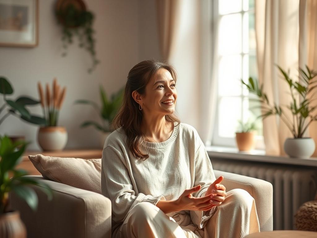 A serene setting with a calm, inviting atmosphere. The image features a warm and welcoming intuitive spiritual coach, sitting comfortably in a softly lit room adorned with gentle colors. The background includes natural elements like plants and soothing decor, creating a peaceful ambiance. The coach is engaged in a thoughtful conversation, exuding wisdom and compassion, with subtle light filtering through a window, enhancing the tranquil environment.