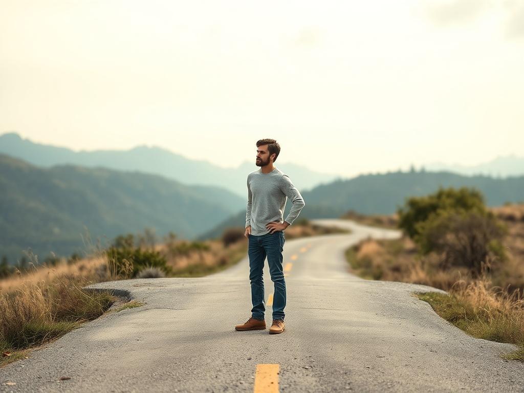 A thoughtful individual standing at a crossroads, looking contemplative as