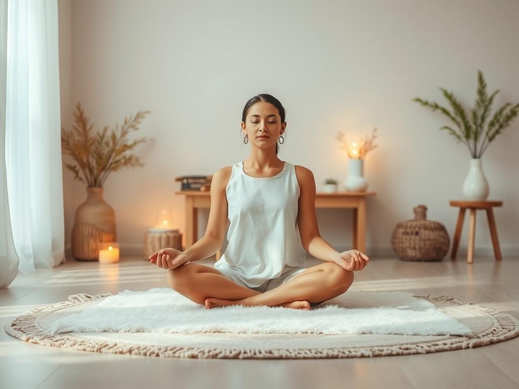 A serene setting with a calm, focused individual sitting cross