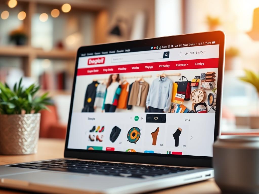 A close-up shot of an e-commerce website displayed on a laptop, showcasing a vibrant online store filled with products. The background should include soft lighting and elements that evoke a shopping environment.