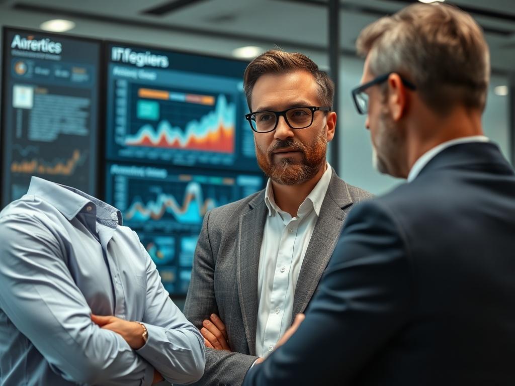 A close-up shot of a business consultant discussing IT strategies with a client in a modern office. The background should feature a digital display showing analytics and project timelines.