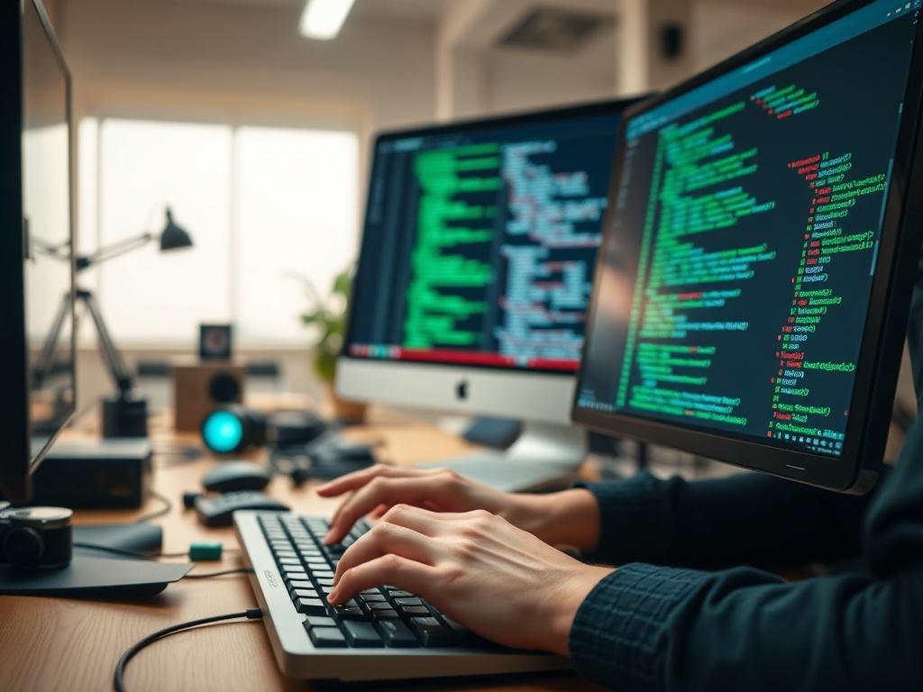 A close up shot of a software developer working on