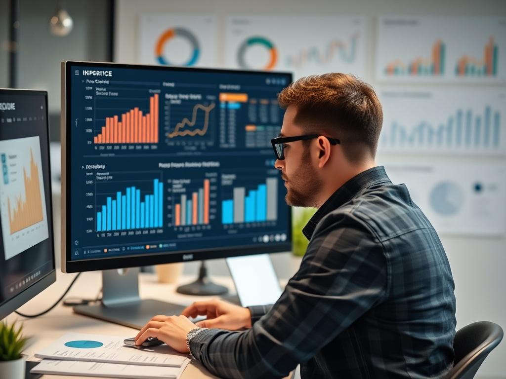 A data analyst reviewing performance metrics on a computer, surrounded by charts and graphs in a modern office setup.