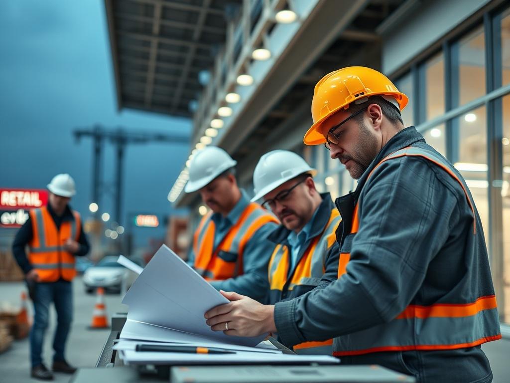 A team of engineers and project managers working on-site at a new retail location, showcasing collaboration and construction.