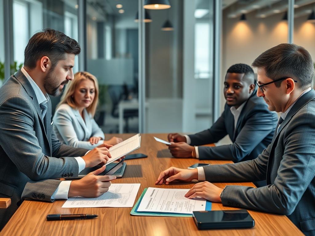A focused business meeting showing diverse professionals discussing global strategies around a table, with documents and digital devices, set in a modern office environment.
