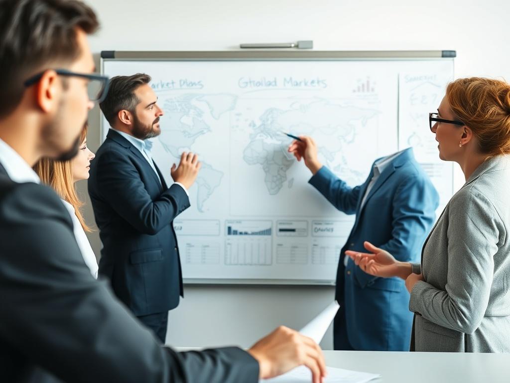 A strategic planning session where professionals are brainstorming and mapping out plans on a whiteboard, with a focus on global markets.