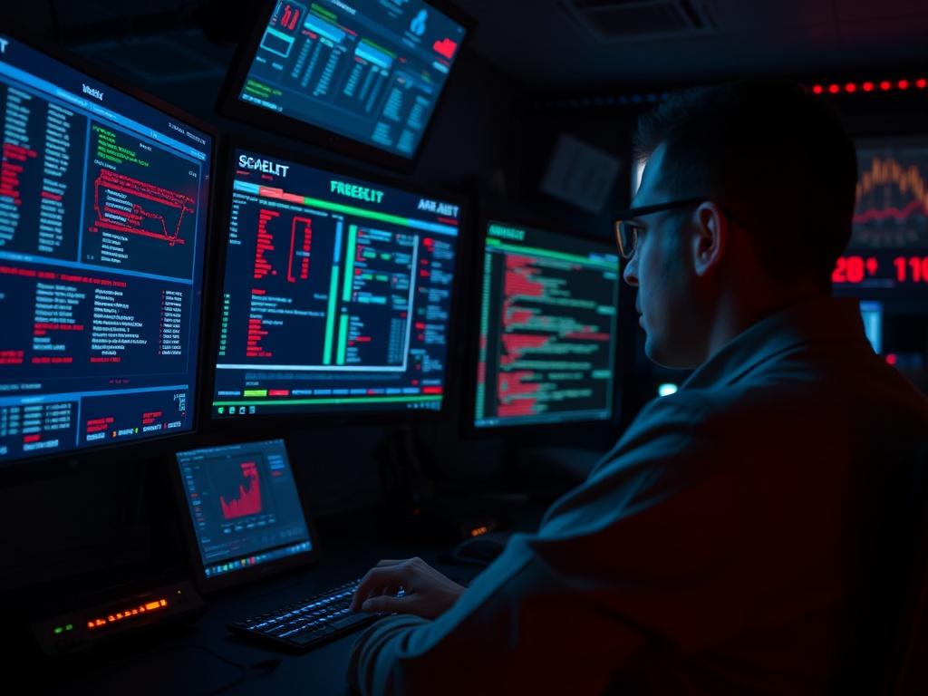 A cybersecurity analyst monitoring multiple screens displaying security alerts and network traffic in a dimly lit room, emphasizing high-tech equipment and a vigilant atmosphere.