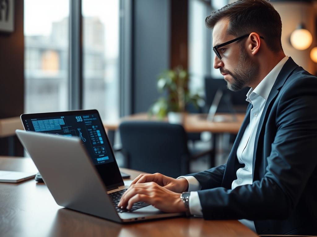 A professional consultant sitting at a modern desk, examining IT infrastructure diagrams on a laptop, with high-resolution details showcasing the screen and surrounding office environment, soft lighting creating a focused atmosphere.