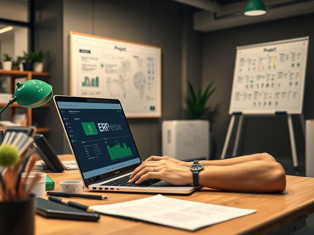 A close-up shot of a project manager working on a laptop displaying the ERPNext interface. The environment is a modern office with an organized desk and a whiteboard in the background featuring project notes. The color scheme includes green elements to resonate with the brand's primary color.