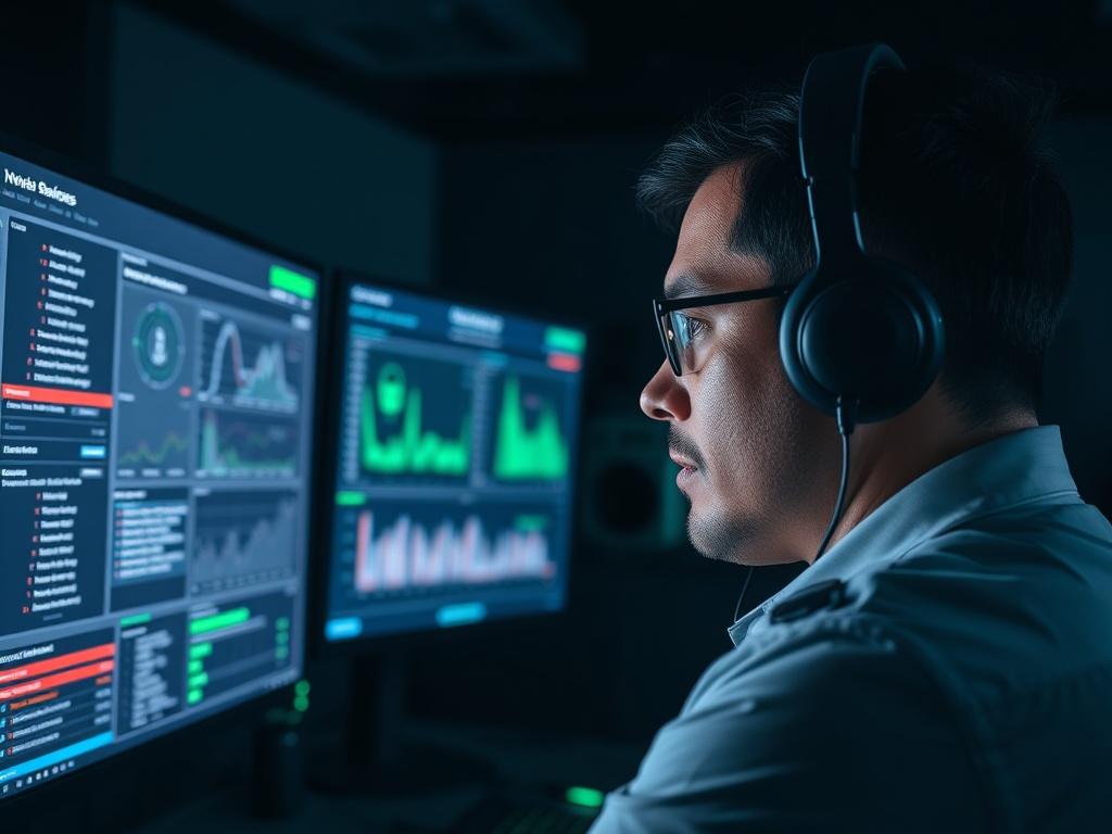 A close-up shot of a cybersecurity expert monitoring network security on multiple screens in a darkened room. The screens display various security metrics and alerts. The expert, focused and professional, is wearing headphones, and the environment conveys a high-tech atmosphere. The color scheme includes hints of green to match the brand's primary color.
