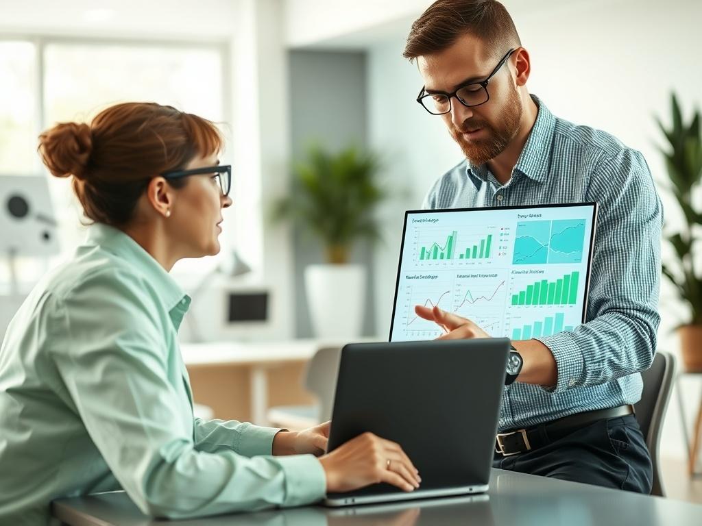 A close-up shot of a professional IT consultant discussing strategies with a client in a modern office setting. The consultant is using a laptop, with charts and graphs displayed on the screen. The background is minimalistic, featuring a bright, open workspace with natural light. The color scheme includes elements of green to match the brand's primary color.