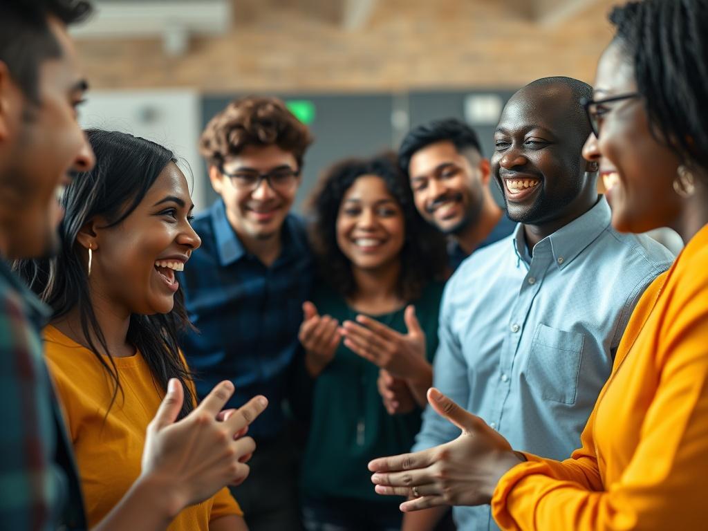 A close-up shot of a vibrant team-building activity, showcasing employees engaged in a fun and collaborative exercise. The image should capture moments of laughter and teamwork, reflecting the positive and inclusive company culture at Star Tech. Use hyper-realistic rendering to emphasize the joy and camaraderie among team members, with colors that align with the rgb(193, 153, 87) primary color scheme.