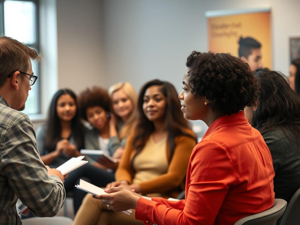 A close-up image of a workshop setting with a facilitator addressing a group of engaged participants. The focus should be on a diverse group of professionals listening attentively, taking notes, and interacting during a leadership training session. The environment should feel dynamic and collaborative, with visual elements that represent teamwork and personal development. The image should be hyper-realistic and vibrant, matching the rgb(193, 153, 87) primary color theme.