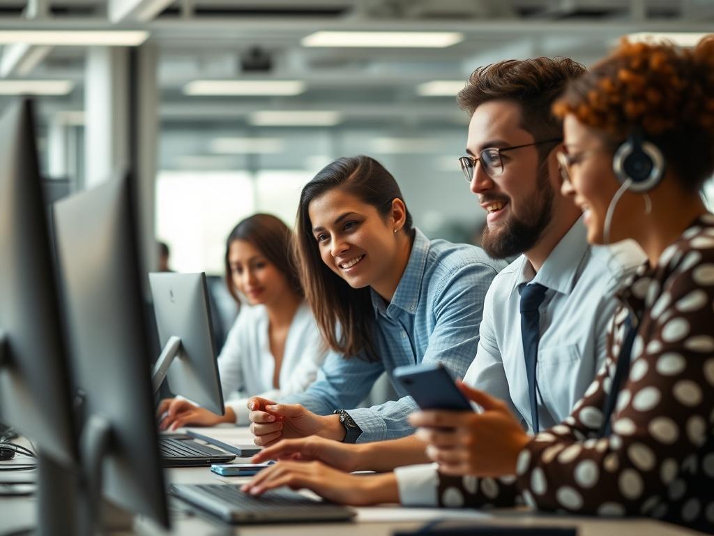 A close-up shot of a modern office setting with people collaborating on computers. The image should showcase a diverse group of professionals working together, highlighting teamwork and innovation in a corporate environment. The lighting should be bright and welcoming, creating a positive atmosphere, with a focus on the individuals engaged in conversation. Use hyper-realistic rendering to capture the details, and ensure the colors align with the rgb(193, 153, 87) primary color.